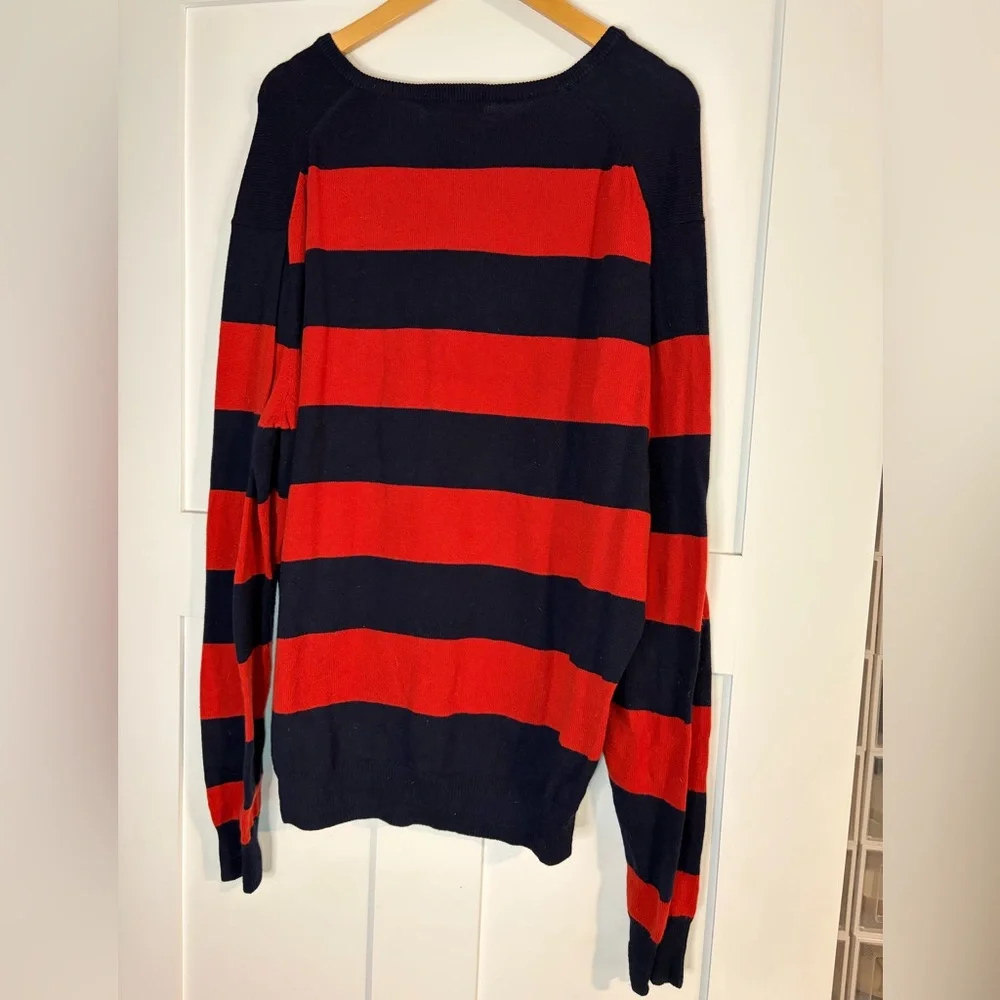 J. Crew Red and Navy Striped‎ V-Neck Sweater